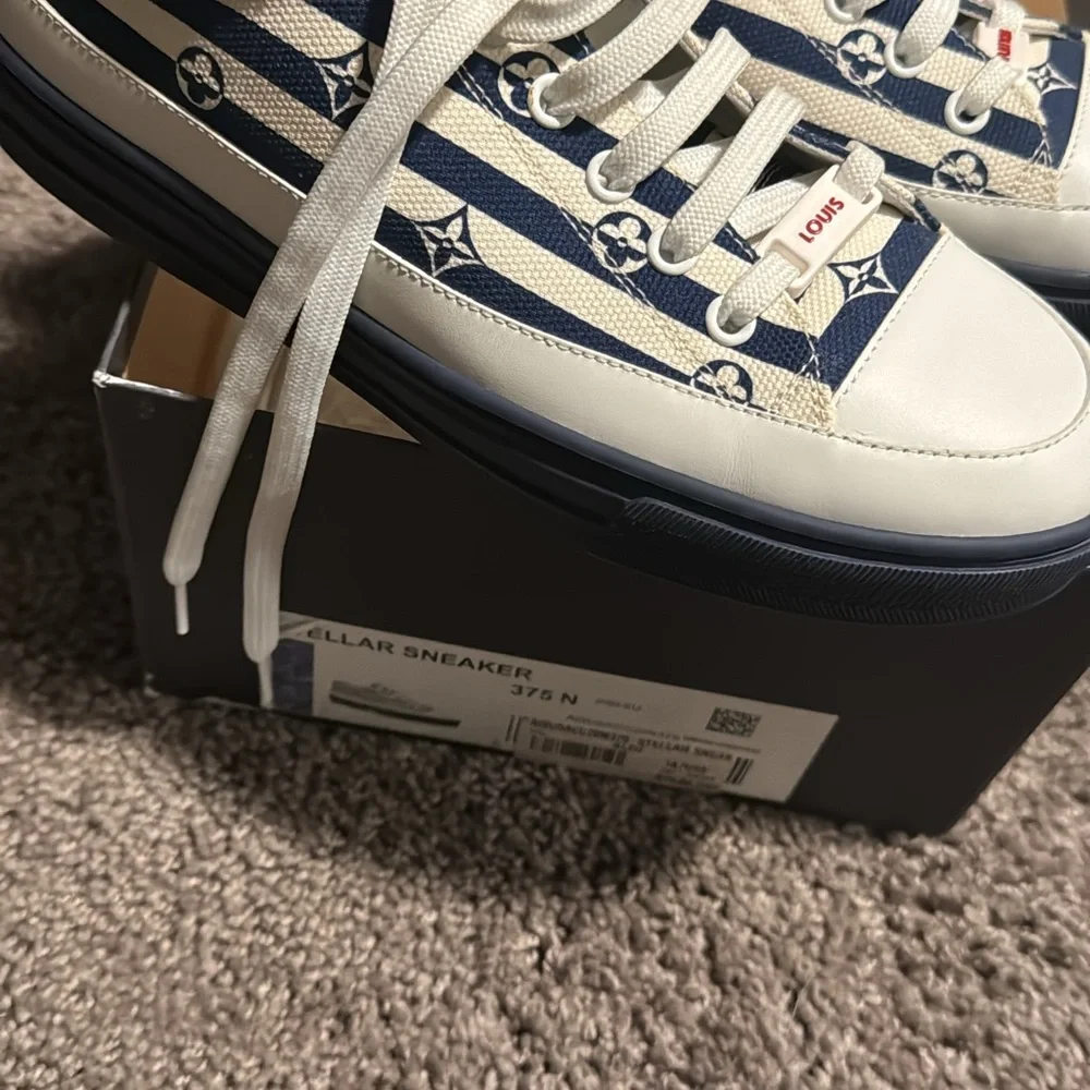 Louis Vuitton Navy White Striped Platform Sneakers With Red On The Back